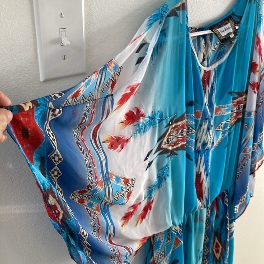 VINTAGE COLLECTIONS  Southwestern Aztec Blue Beaded Handkerchief Dress Size S - Picture 4 of 12